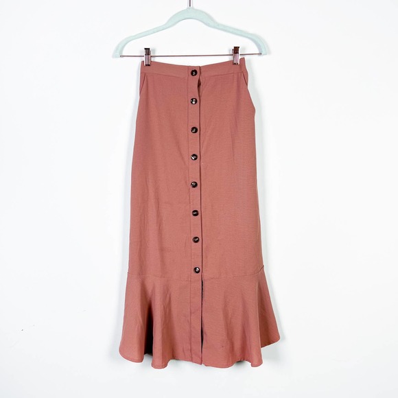 Zaful front button mauve midi skirt bottom ruffle Size Small - Picture 4 of 6